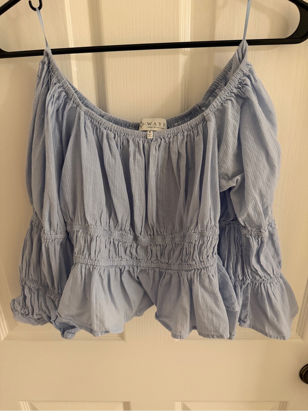Wayf Light Blue Off-Shoulder Smocked Peasant Top